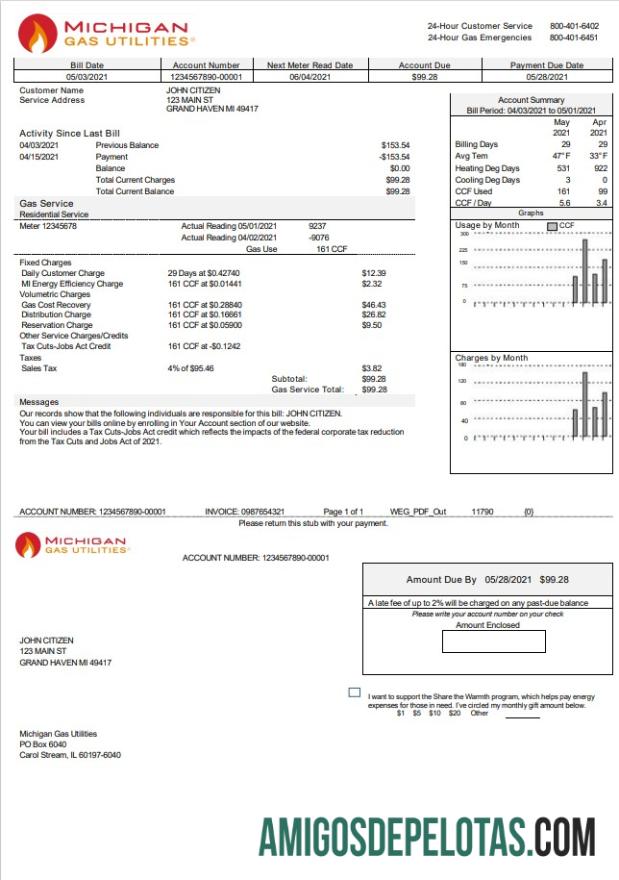 imprimível Modelo de fatura de serviços públicos de serviços públicos de gás dos EUA Michigan em formato Word e PDF versão 2